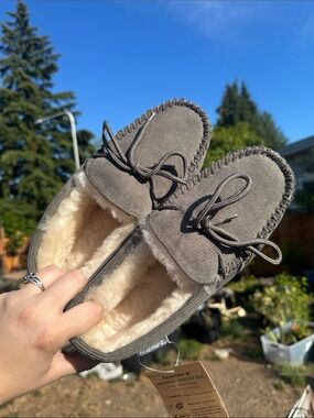 BearPaw Taupe Shearling-Lined Moccasin Slippers